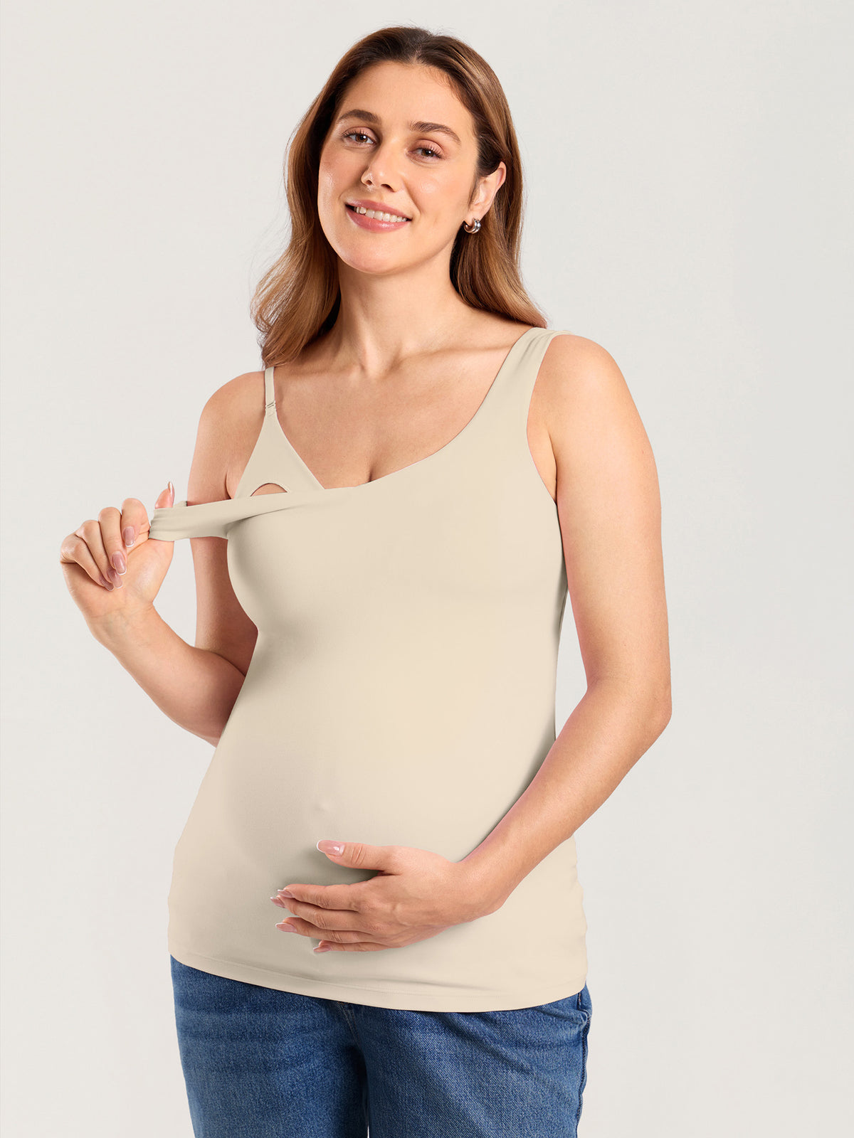 MOMANDA Naterlax? V Neck Nursing Tank Top Mojave Tan @model_info:MOM2