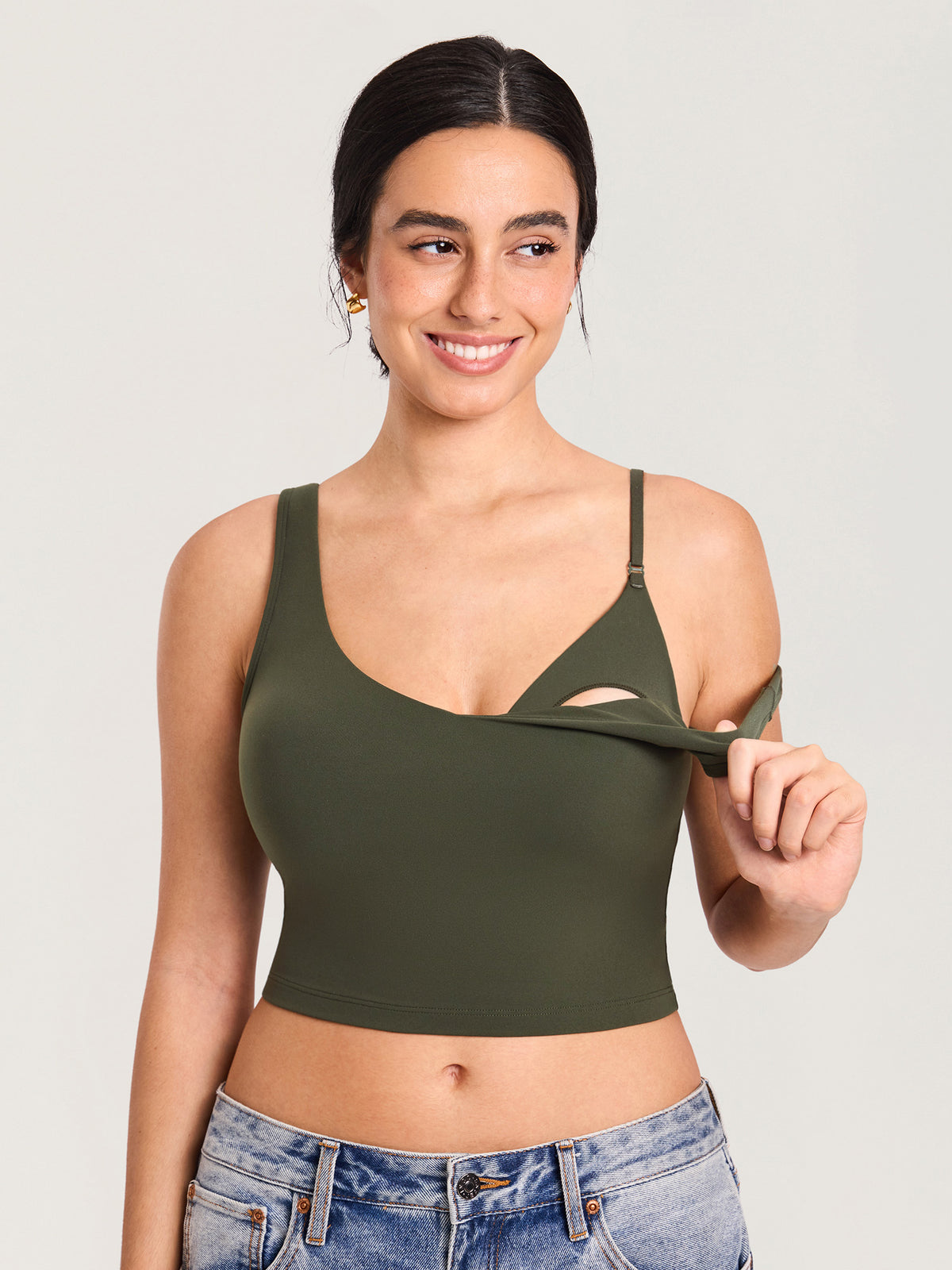 MOMANDA Women's Natrelax? Nursing Crop Tank Top - V Neck Olive Green @model_info:MOMRB1