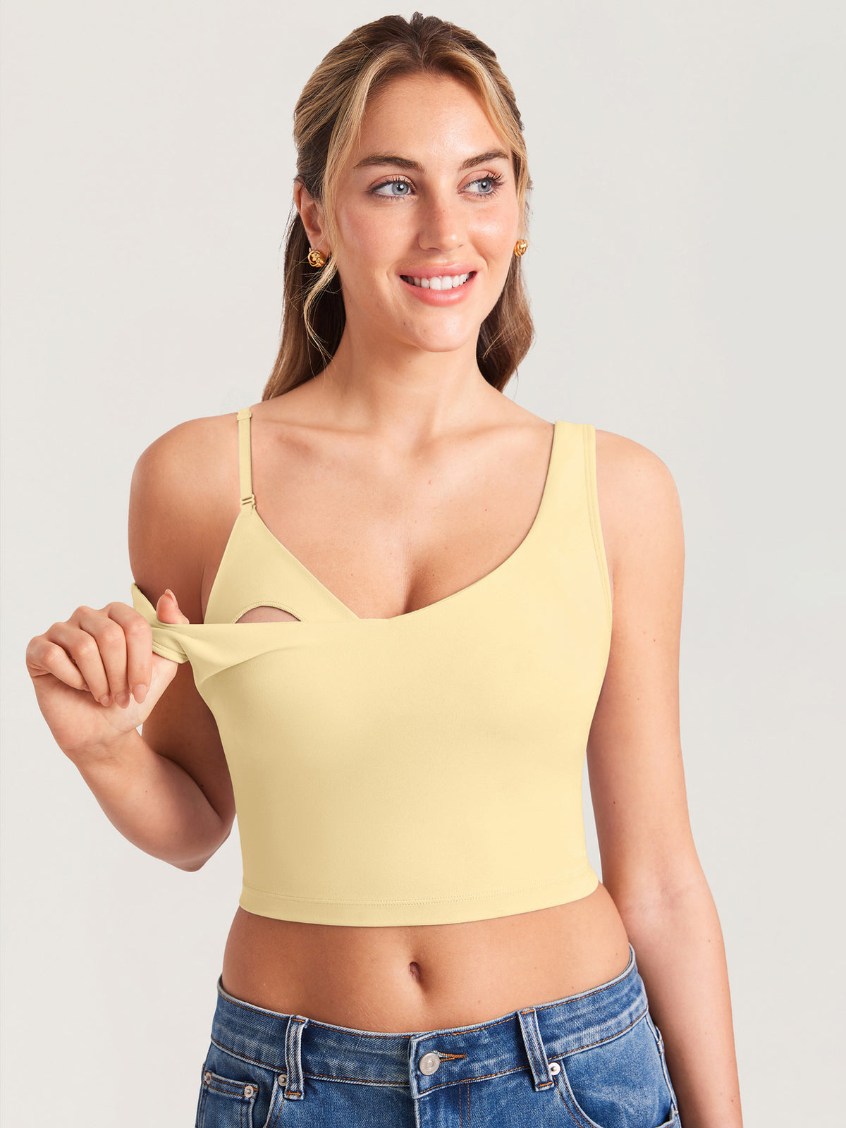 MOMANDA Women's Natrelax? Nursing Crop Tank Top - V Neck Butter @model_info:MOM2