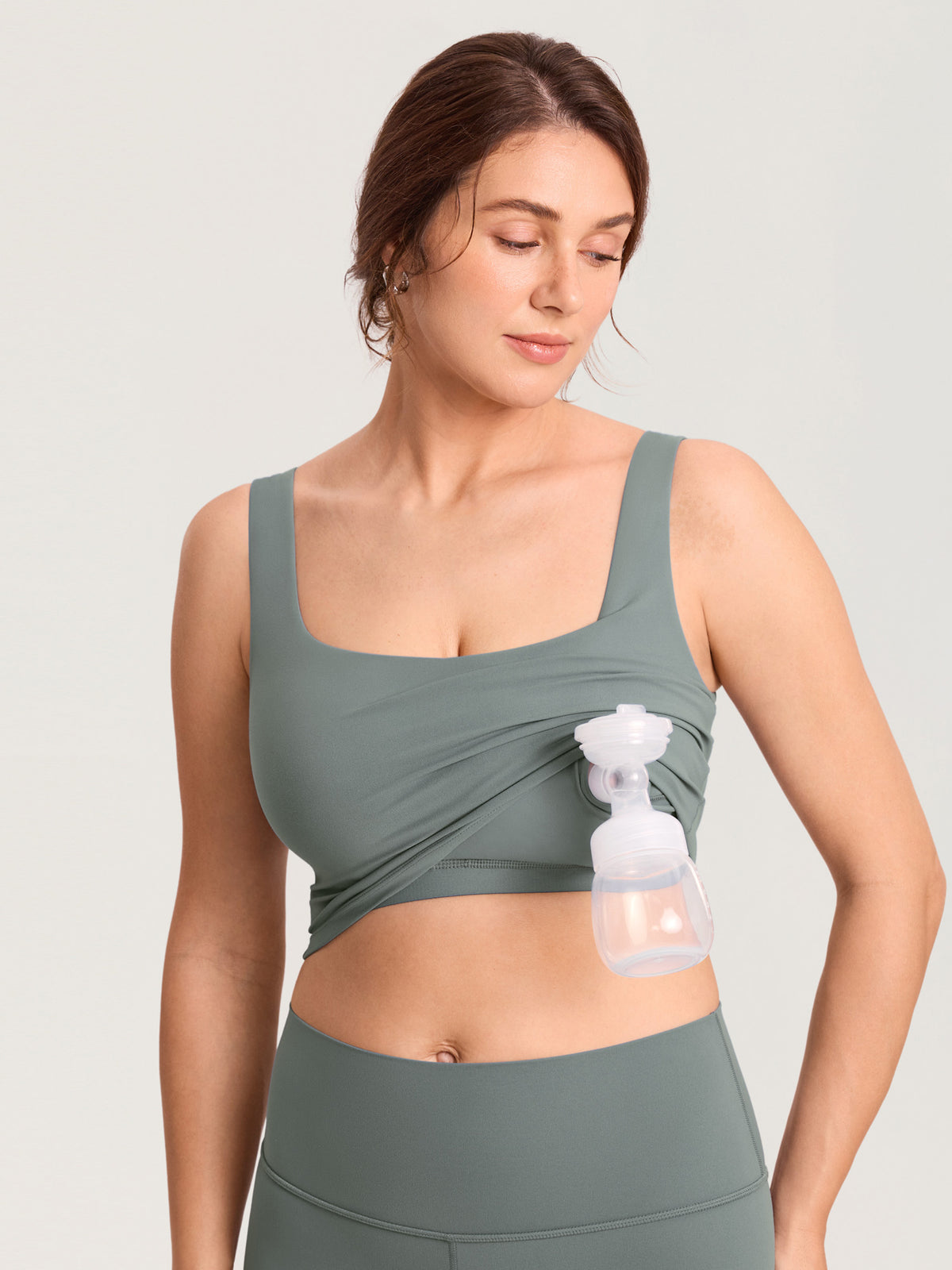 MOMANDA Women's Natrelax? Pumping Crop Tank Top Grey Sage @model_info:MOM1